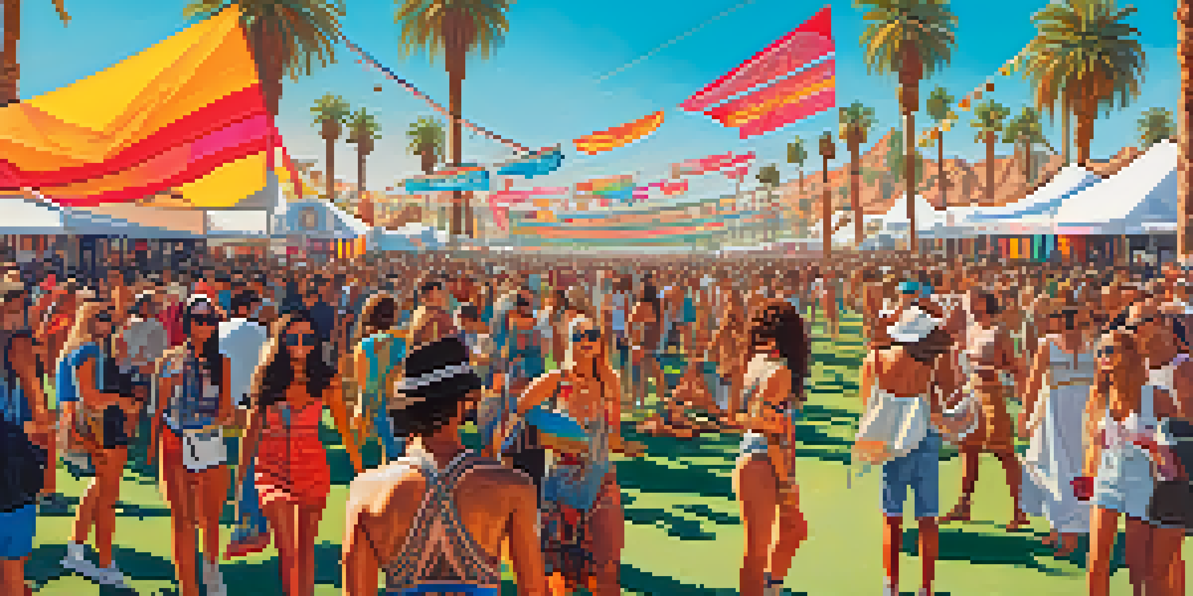 A lively Coachella music festival scene with diverse attendees enjoying music, colorful flags, and art installations under a sunny sky.