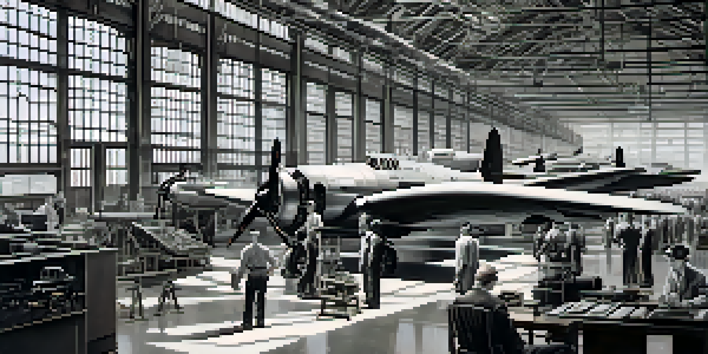 A vintage scene depicting engineers and scientists in a 1940s California aerospace factory, collaborating over blueprints.