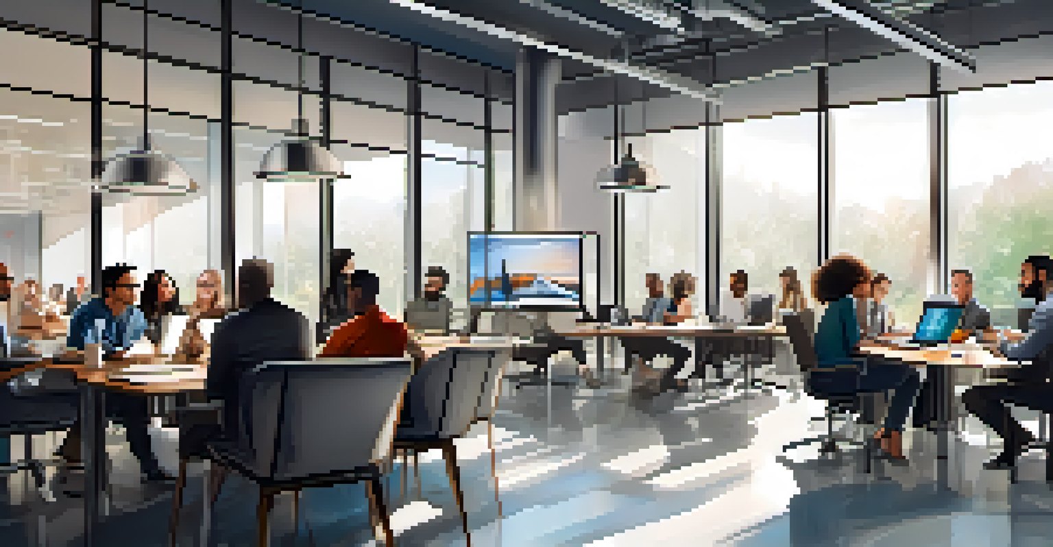 A modern office with professionals of diverse backgrounds engaged in a brainstorming session around a table filled with laptops and sketches.