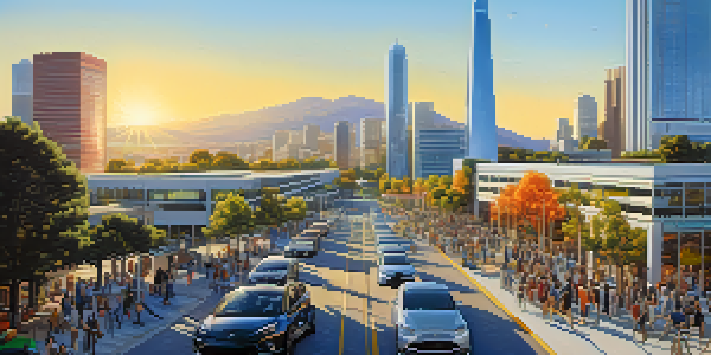 A lively Silicon Valley scene with modern buildings, diverse individuals interacting, and electric cars, all under a sunny sky.