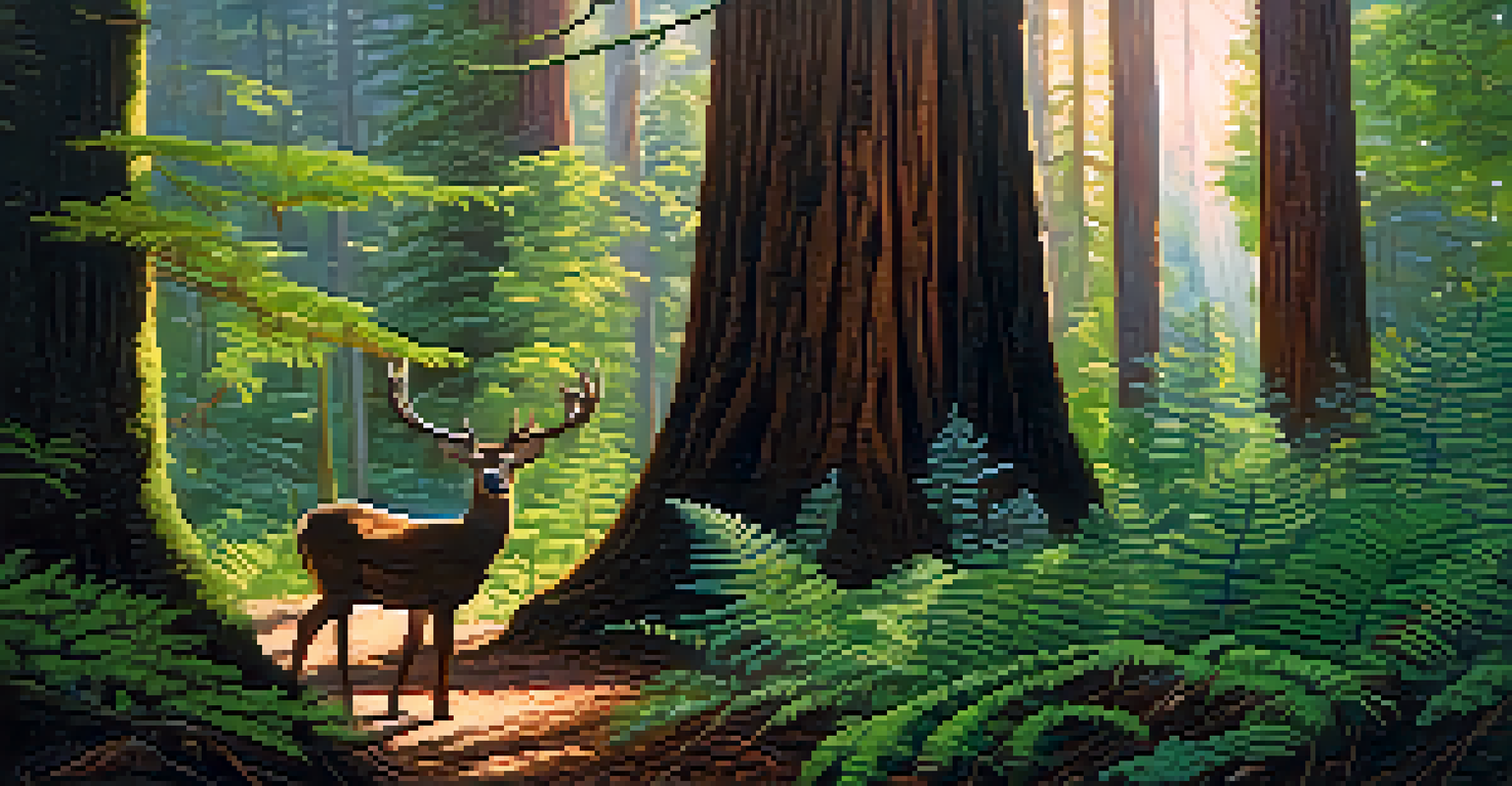 A close-up of towering redwood trees in a lush California forest, with sunlight filtering through the leaves and a deer grazing in the background.