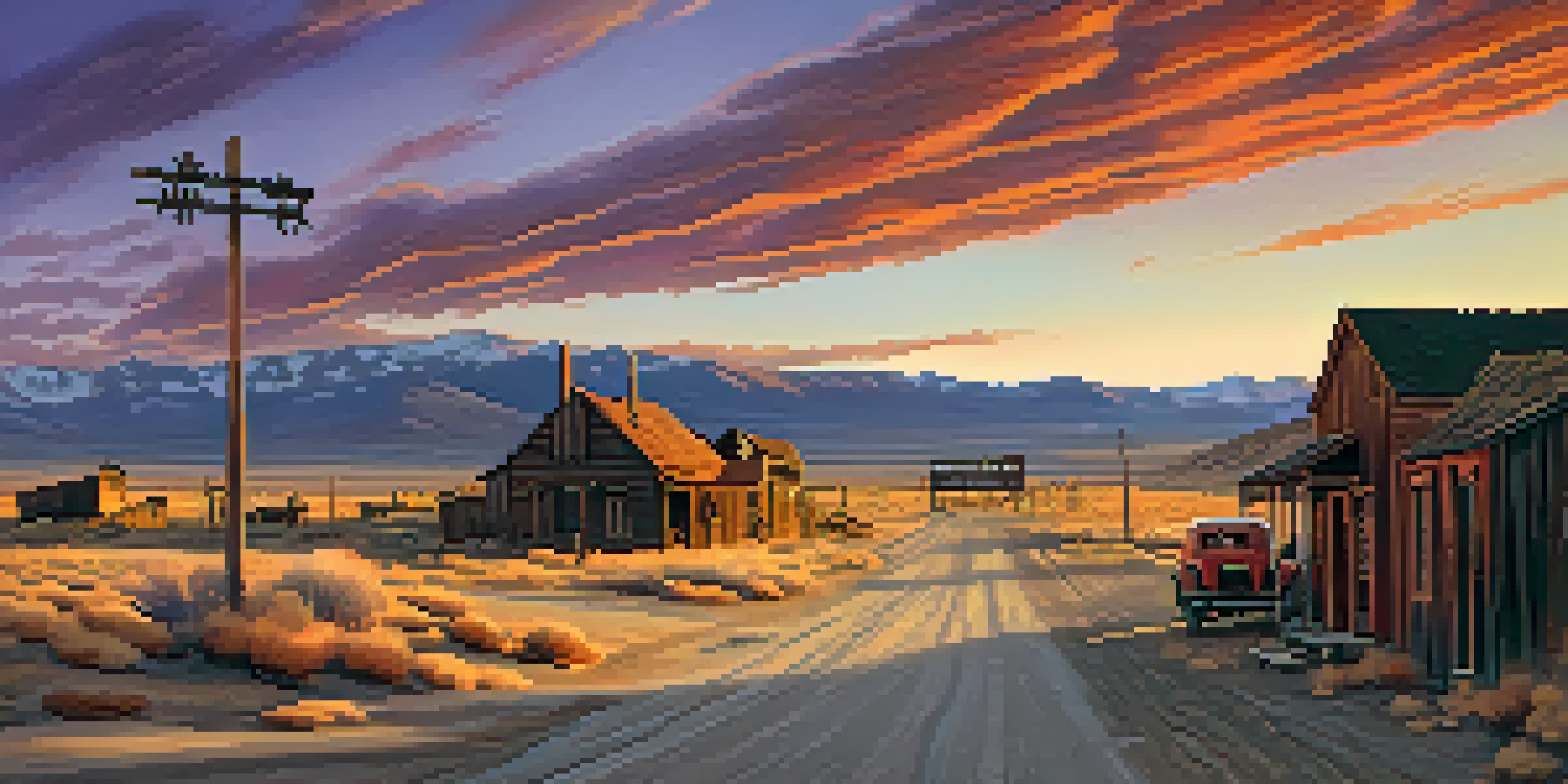 A sunset view of a ghost town with old wooden buildings and a dusty street, featuring vibrant sky colors and a welcome sign.