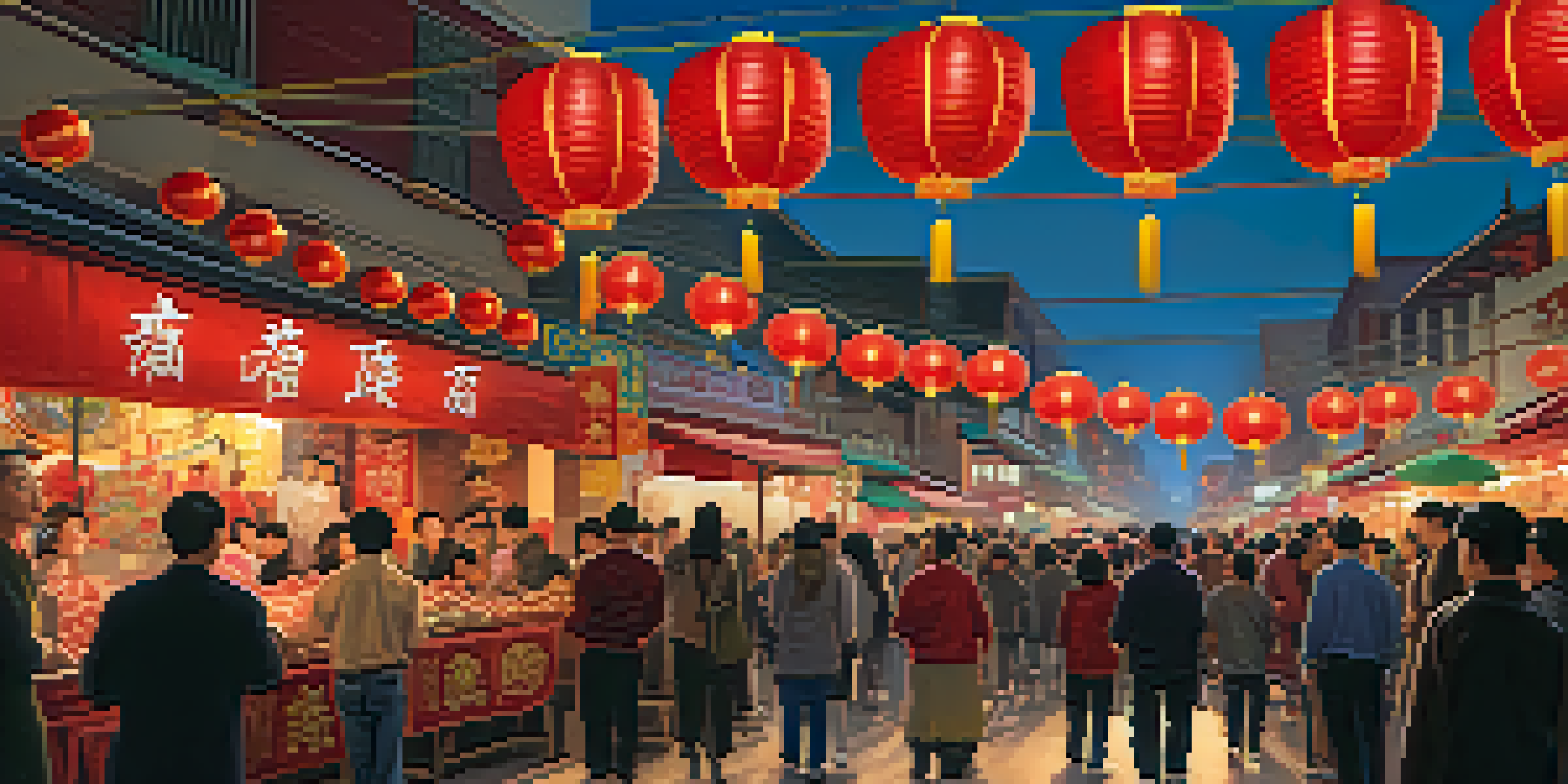 A lively street scene in Chinatown during Chinese New Year with colorful lanterns, a dragon dance, and people enjoying food, illuminated by fireworks.