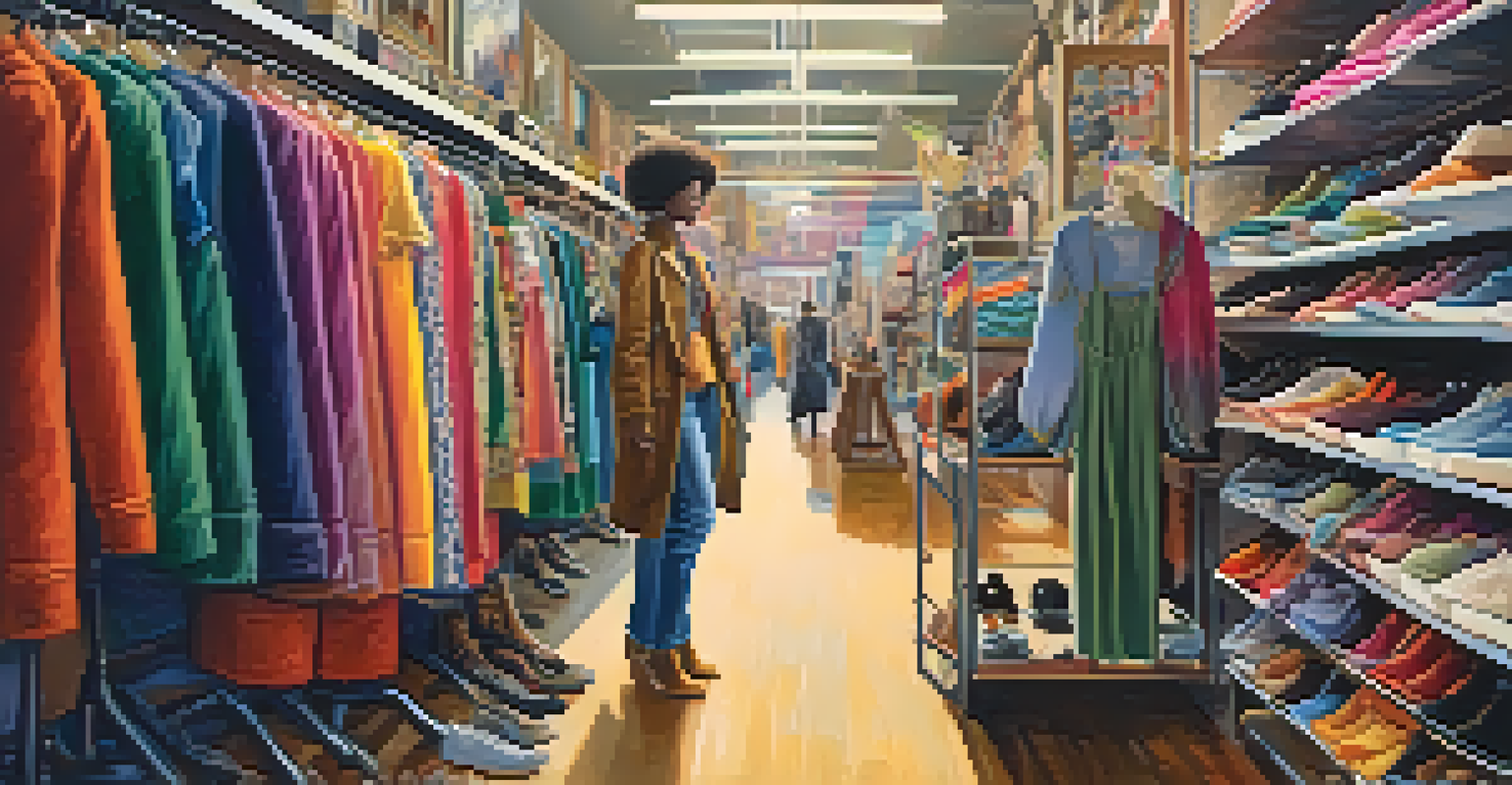 A person in a unique outfit browsing through a thrift shop filled with colorful clothing and accessories, illuminated by natural light.