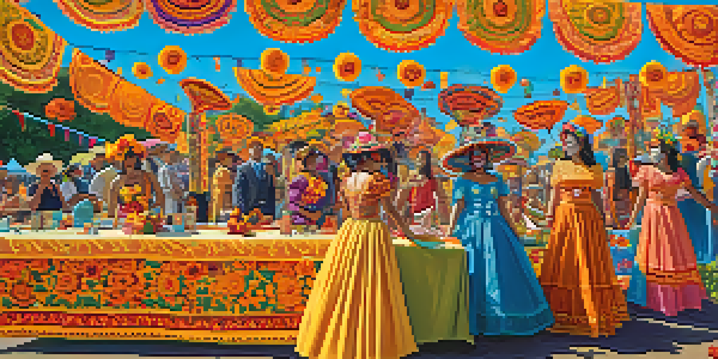 A lively outdoor festival in California for Día de los Muertos with colorful decorations and diverse people in traditional clothing.