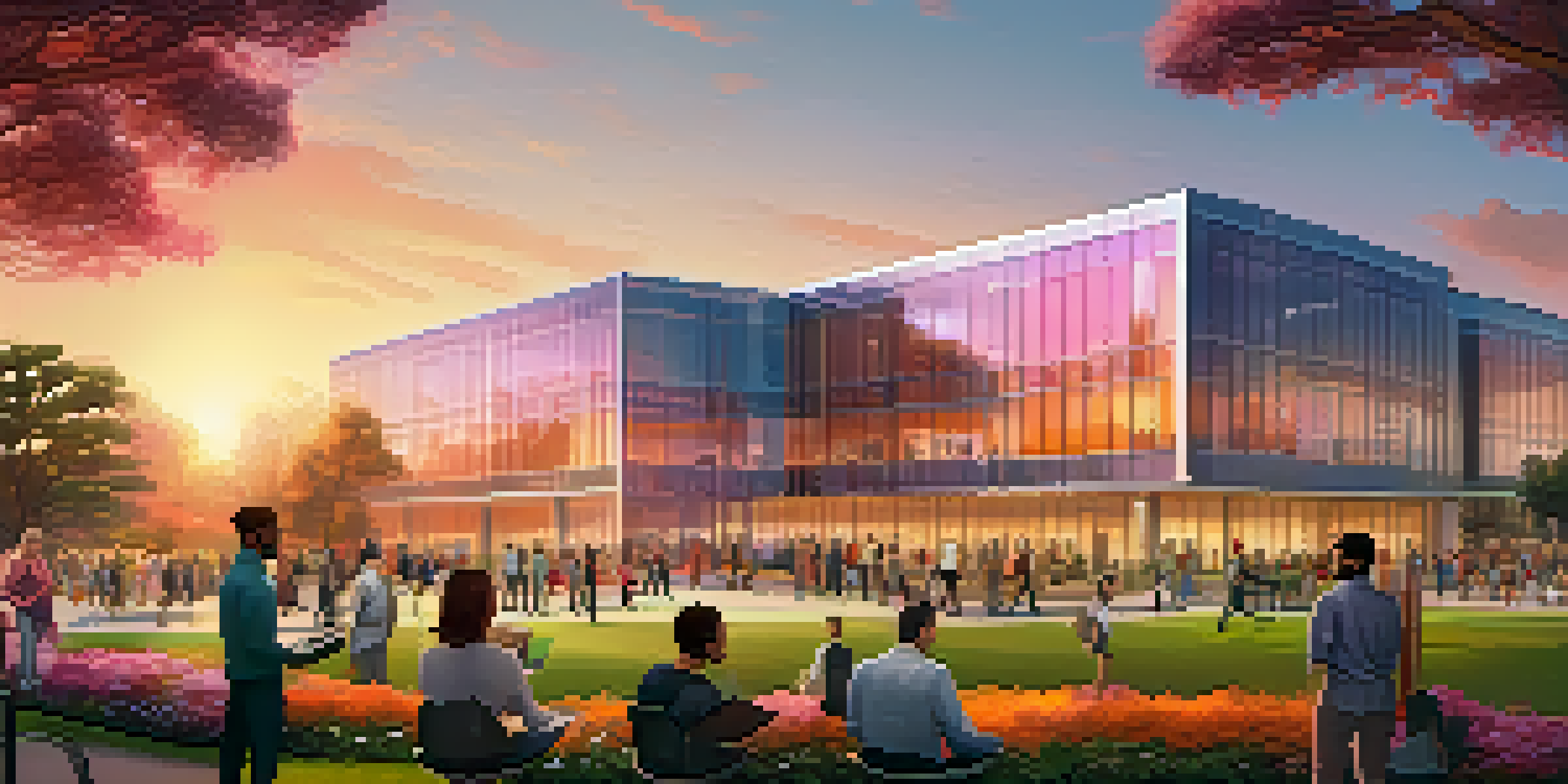 A vibrant tech campus in Silicon Valley at sunset, with diverse professionals discussing in front of modern buildings surrounded by greenery.