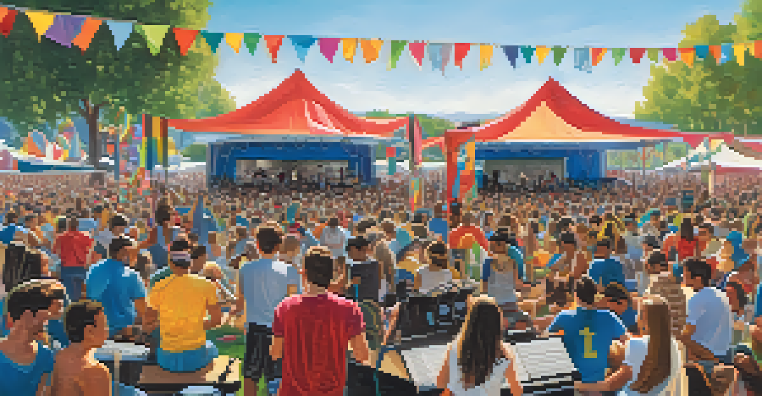 An outdoor music festival featuring students performing on stage in front of an enthusiastic audience, with colorful tents and banners.