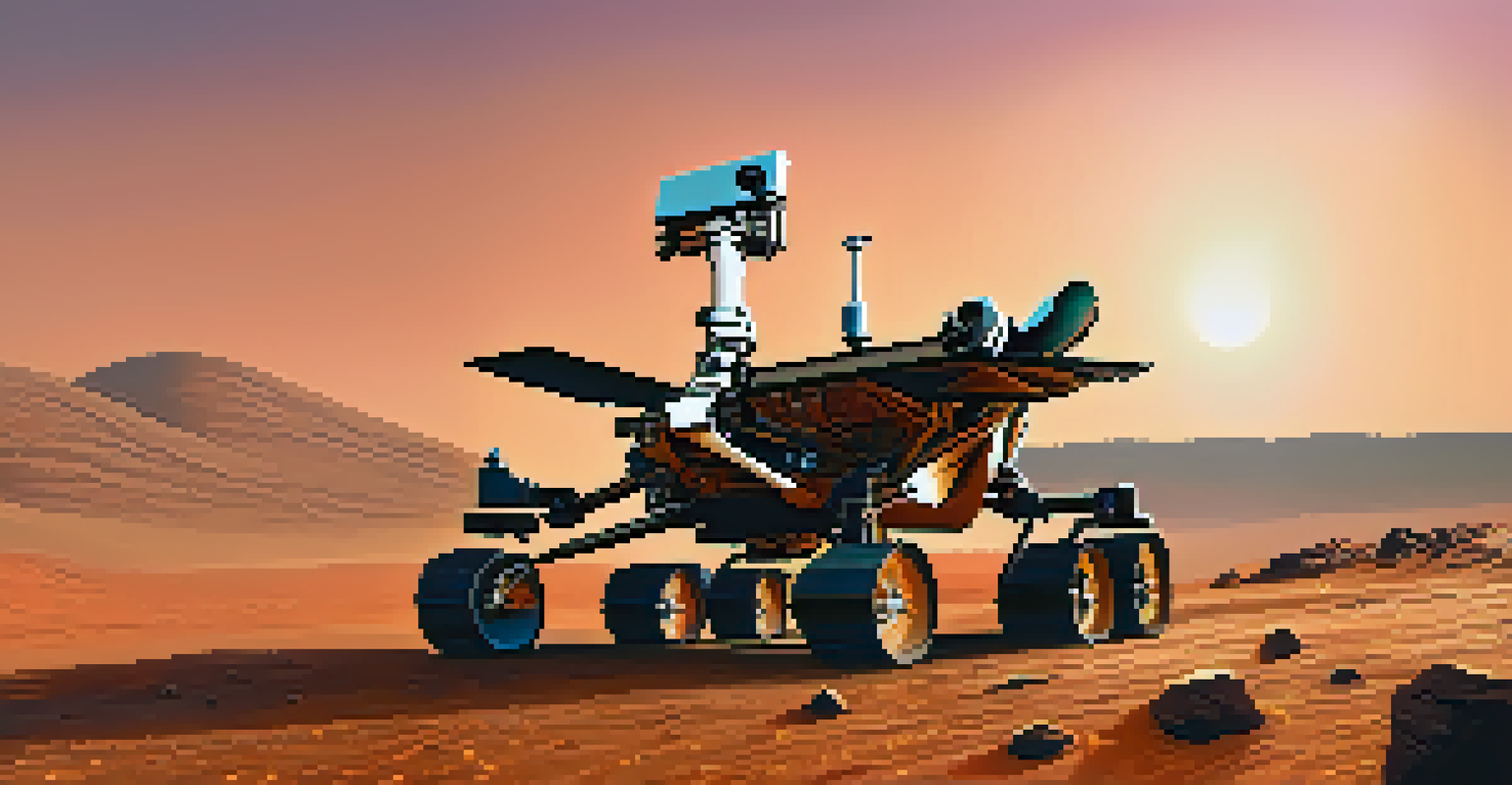 The Mars rover Perseverance on the Martian surface during sunset, showcasing its design against a reddish landscape.
