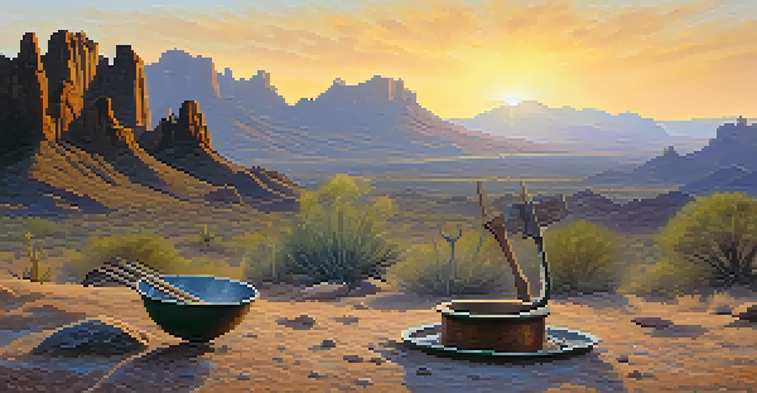A tranquil morning view of the Superstition Mountains with mist, featuring a pickaxe and gold pan beside a campfire.