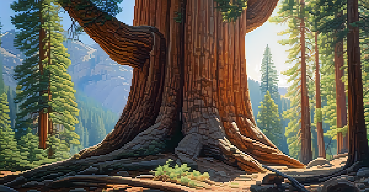 A majestic General Sherman Tree in Sequoia National Park, surrounded by lush greenery and sunlight filtering through the leaves.