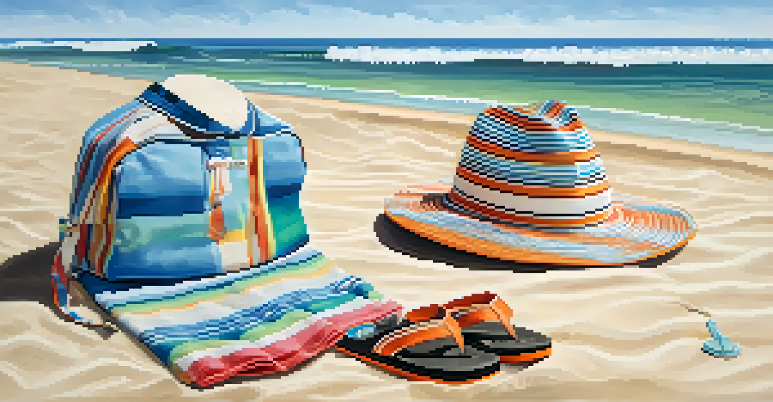 A close-up of a laid-out surf outfit on sand, featuring boardshorts, a tank top, flip-flops, and accessories.