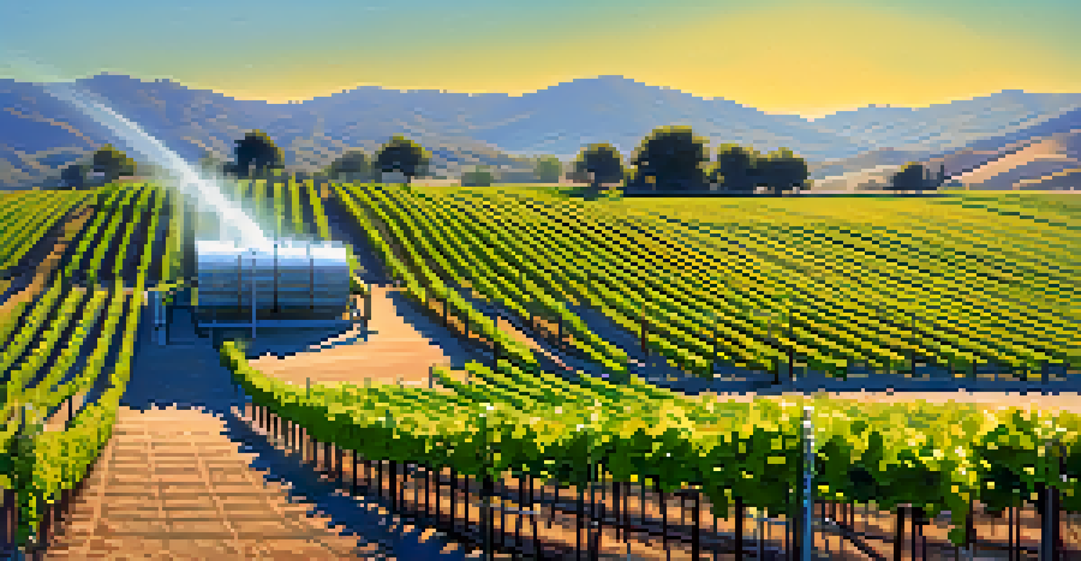 A modern smart irrigation system in a California vineyard, showcasing sensors and drip irrigation among healthy grapevines under a clear blue sky.