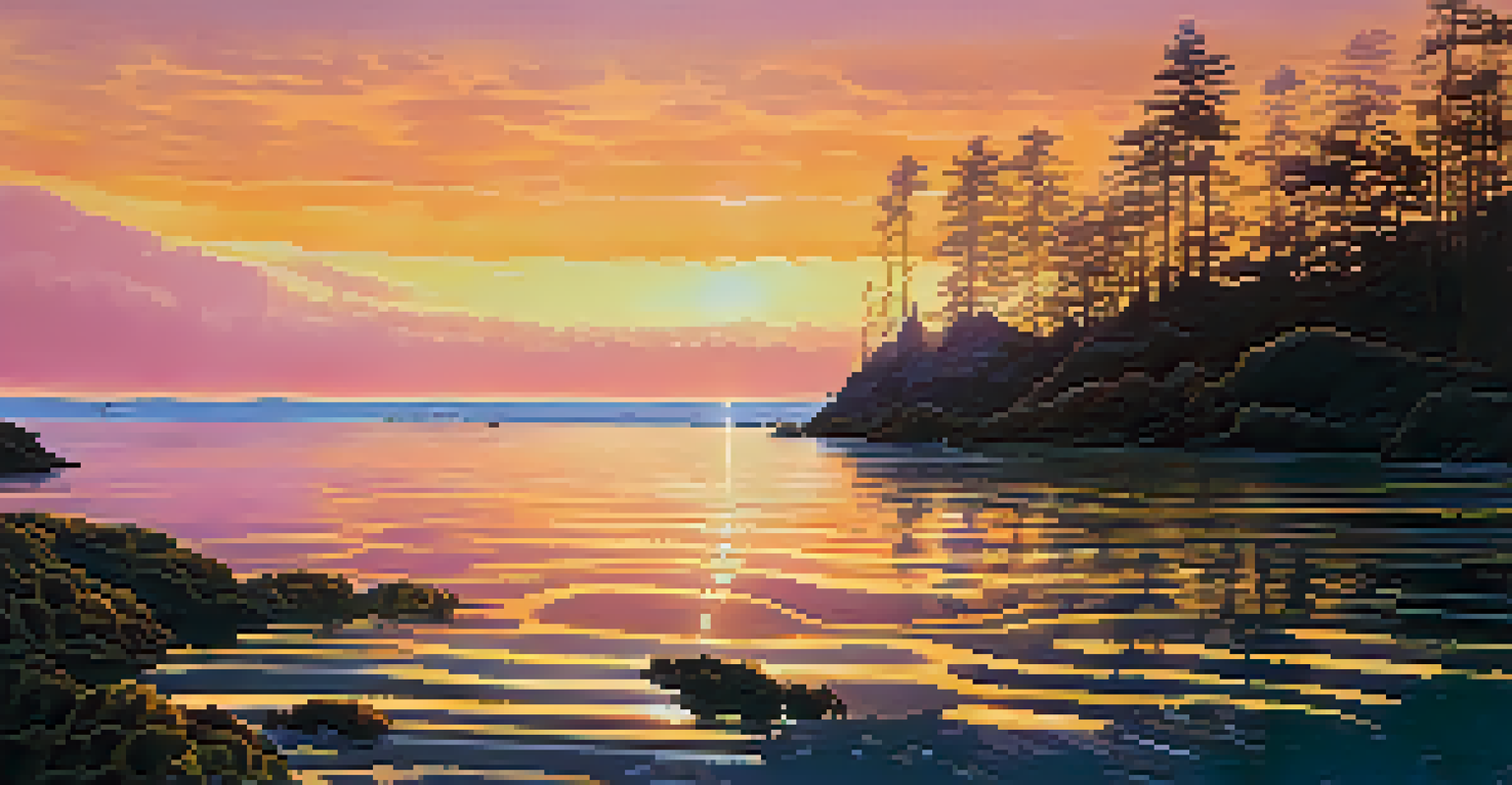 A panoramic view of a kelp forest at sunset, with golden sunlight filtering through the water and silhouettes of fish among the kelp.