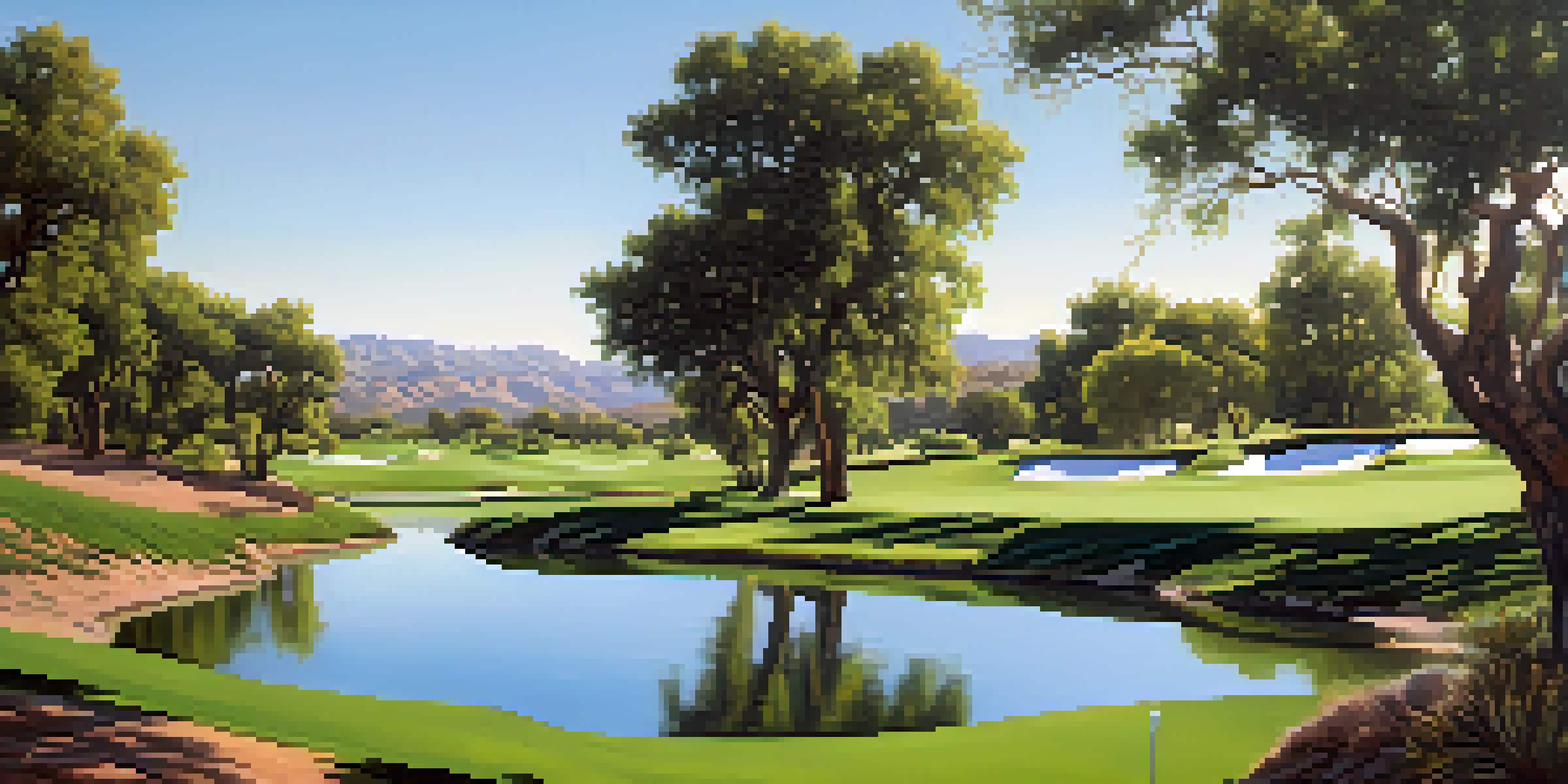 A lush green golf course in California, illustrating the use of reclaimed water for irrigation, with dry hills in the background under a clear blue sky.