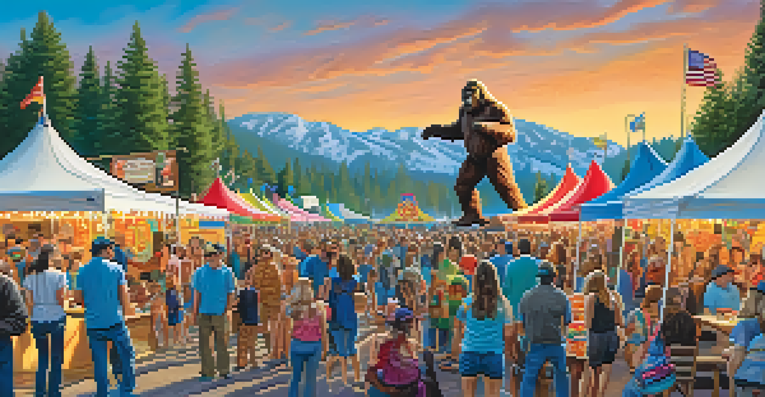A lively outdoor festival with people enjoying Bigfoot-themed activities, colorful booths, and decorations under a clear blue sky.