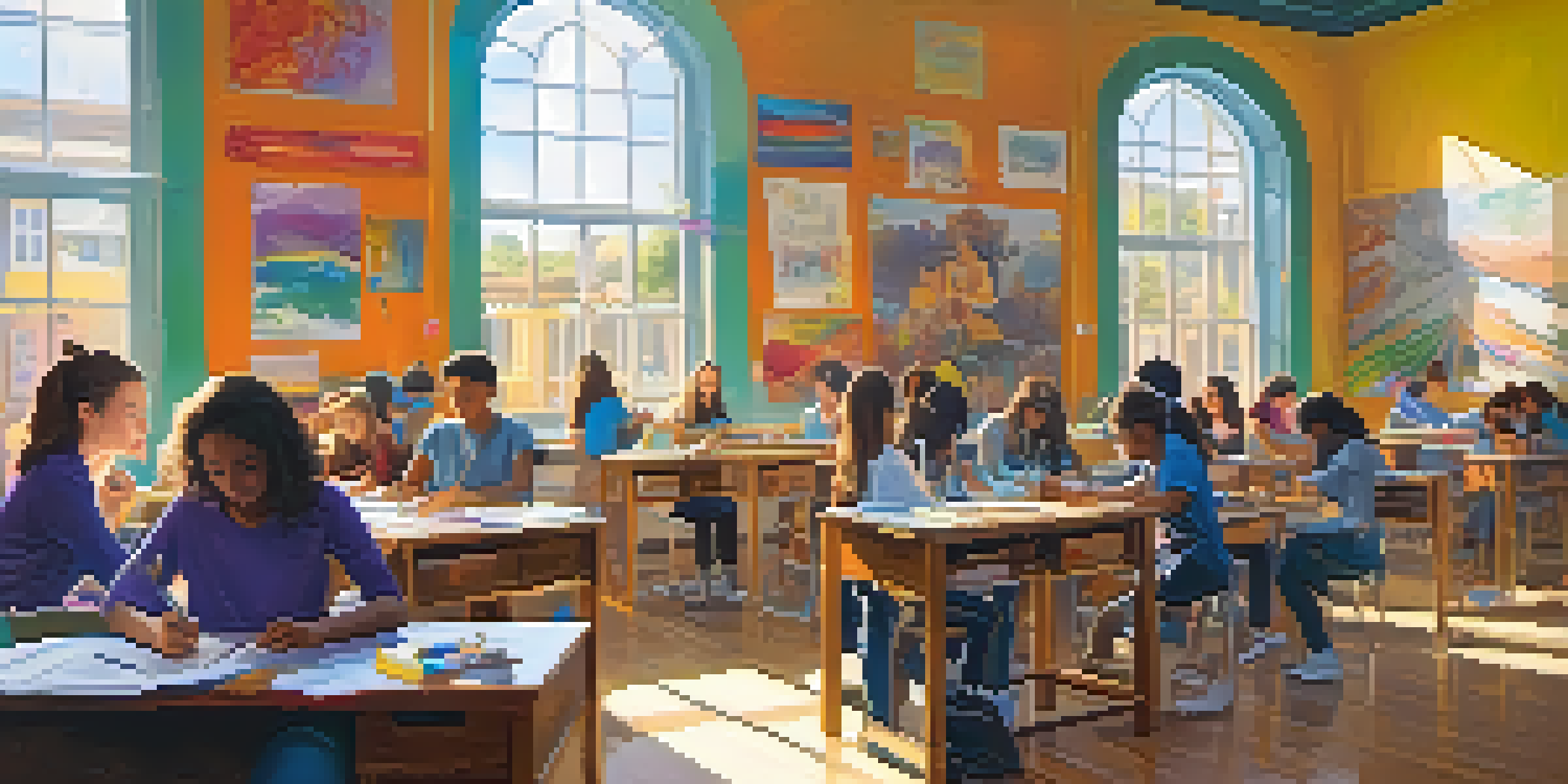 A lively classroom where students are involved in different art activities, with colorful artwork displayed around and sunlight illuminating the space.