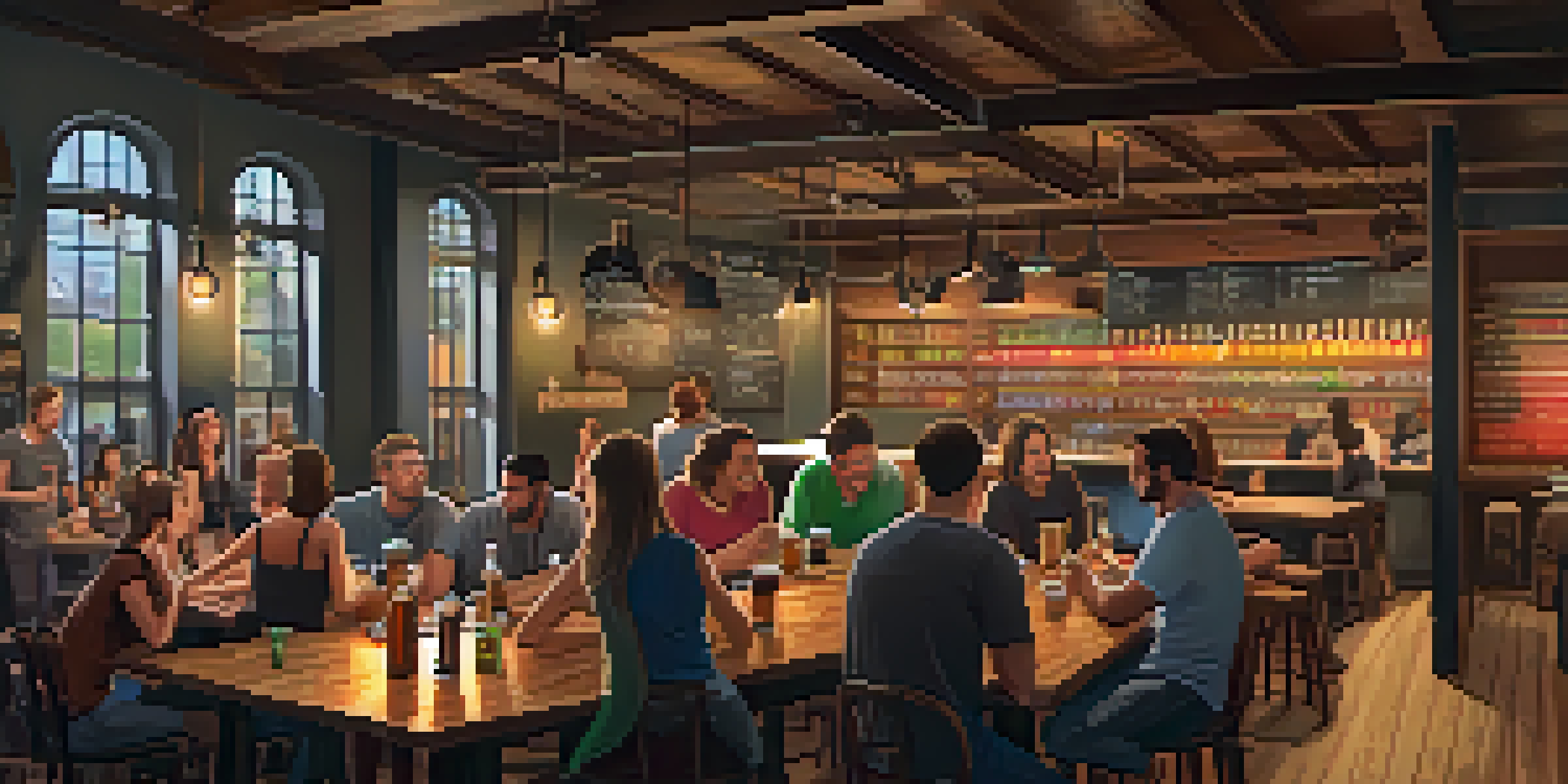 A cozy brewery interior with wooden tables, friends enjoying food and craft beer, and shelves of barrels.
