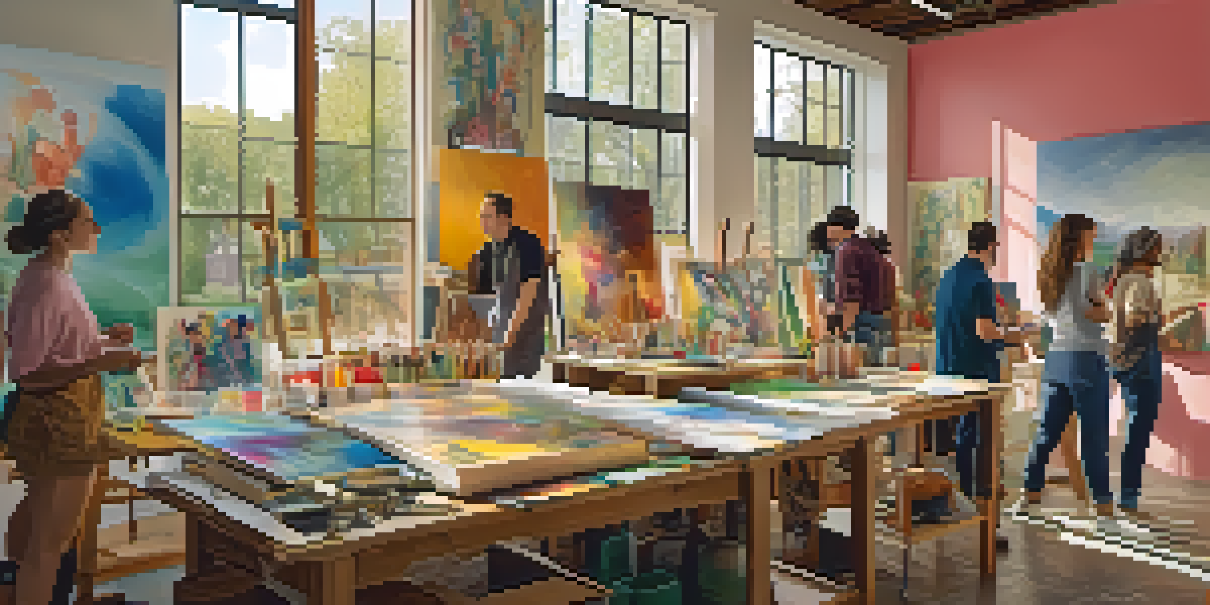 A lively art studio with artists working together on a colorful mural, surrounded by various artworks and natural light.