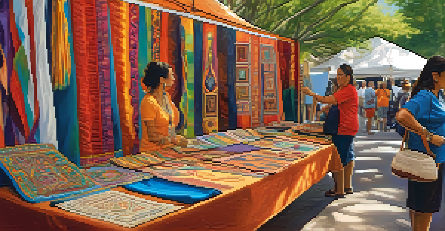An artisan booth at a Hispanic heritage festival showcasing handmade jewelry and vibrant paintings, with an artisan demonstrating their craft.