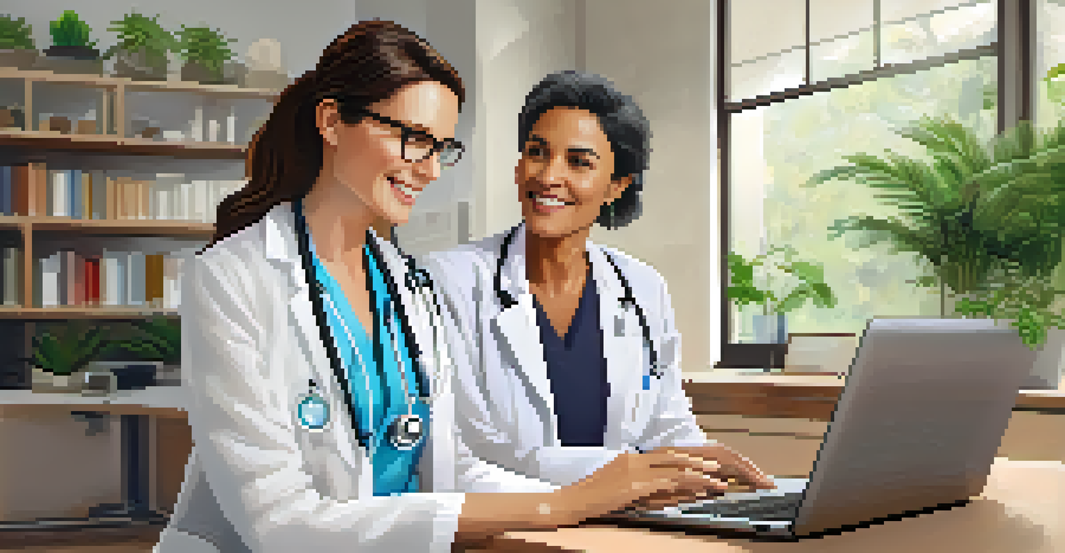 A telehealth consultation with a doctor smiling at a laptop screen while a patient appears on the screen.