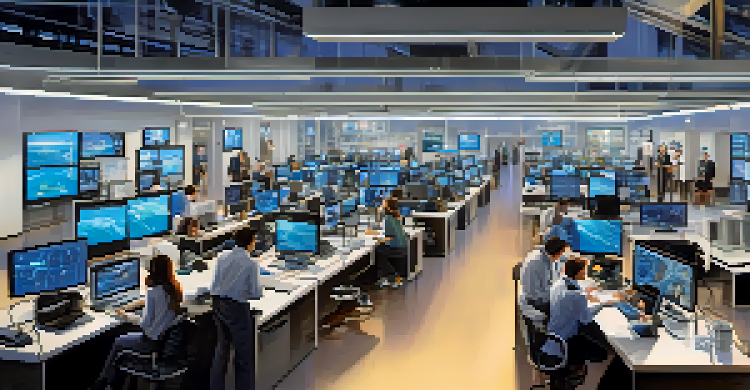 An innovation lab with scientists and engineers collaborating on technology, surrounded by advanced gadgets and illuminated by soft lighting.
