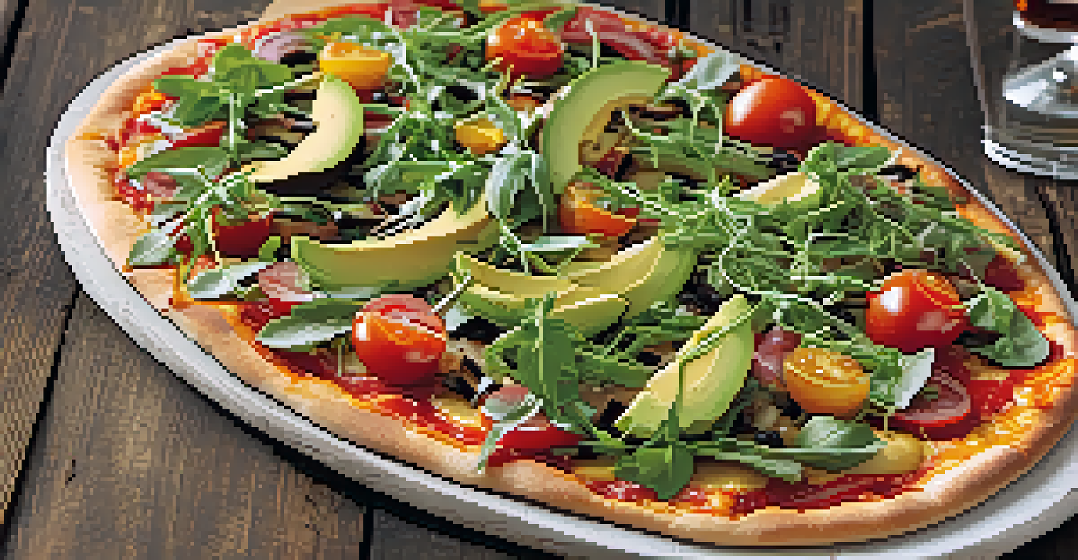 A California-style pizza topped with arugula, heirloom tomatoes, and avocado on a rustic wooden table, drizzled with balsamic glaze.