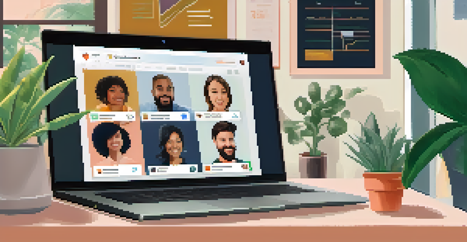A laptop screen showing a video conference with diverse startup founders discussing projects, set in a cozy home office.