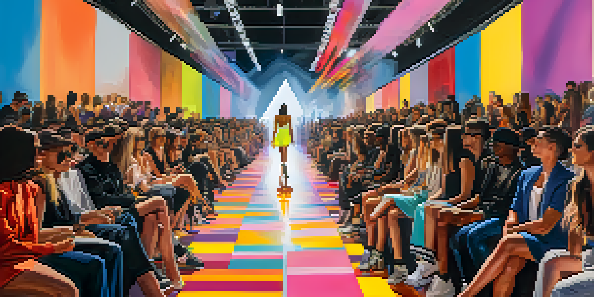 A runway at California's Fashion Week with diverse models showcasing stylish outfits, set against a colorful and lively audience.