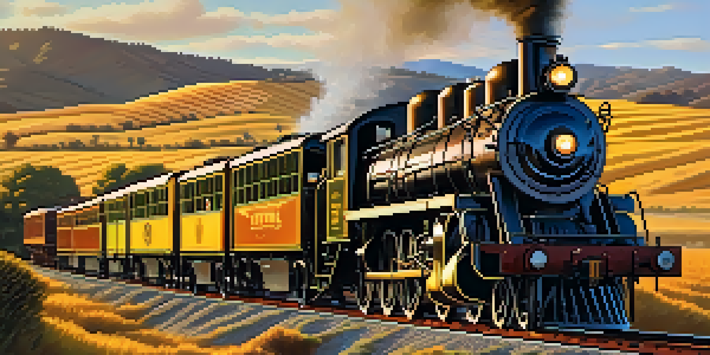 A vintage steam locomotive traveling through a beautiful California countryside with rolling hills and golden fields during sunset.