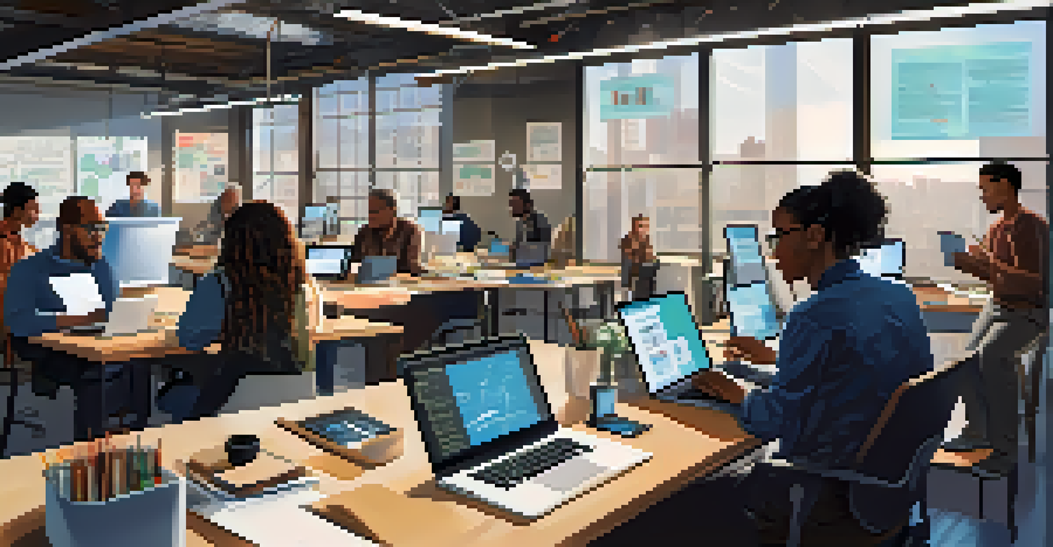 A group of diverse community organizers collaborating in a modern workspace with laptops and charts around them.