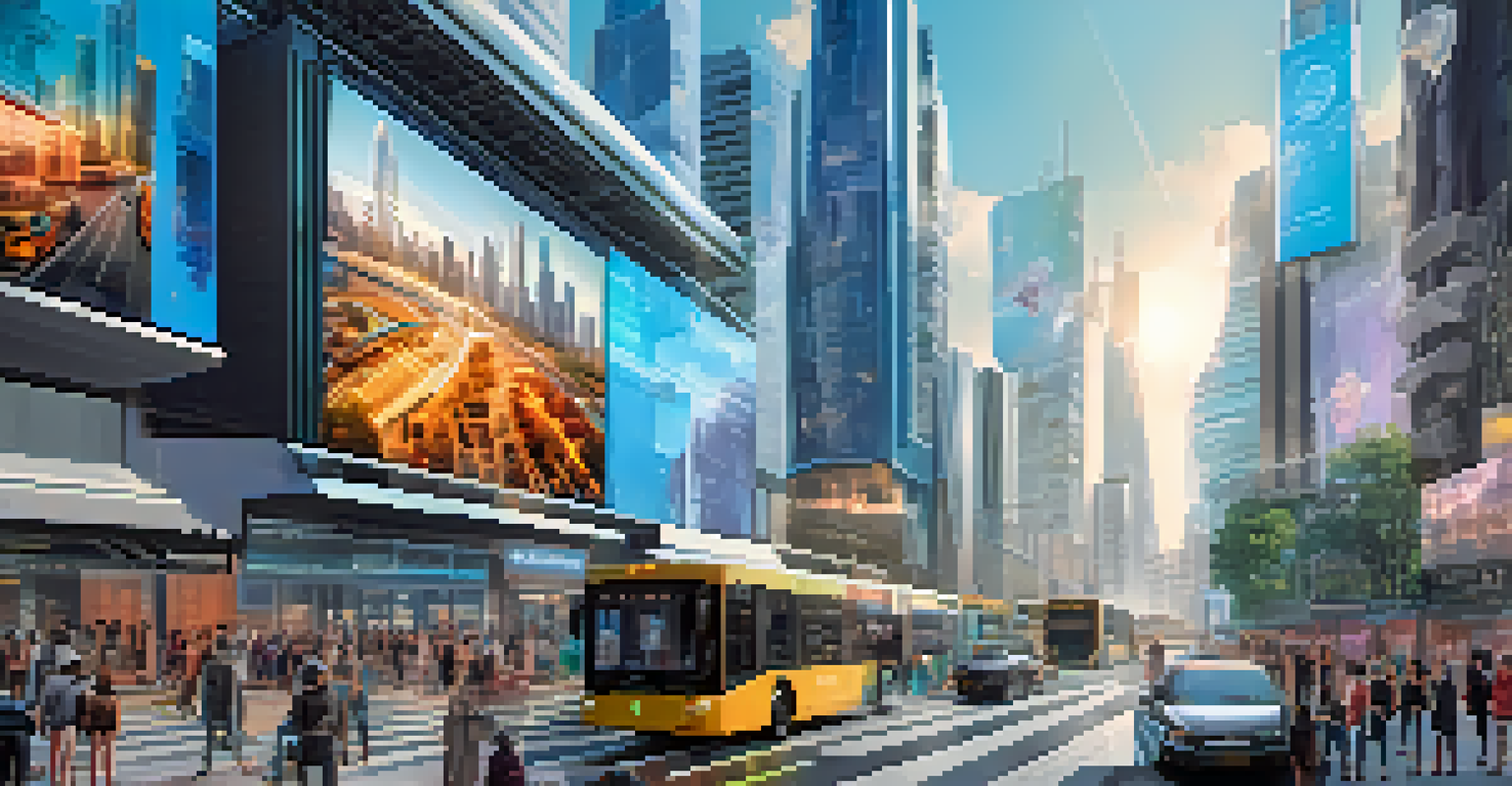 A futuristic cityscape featuring augmented reality displays of urban development proposals with citizens interacting.