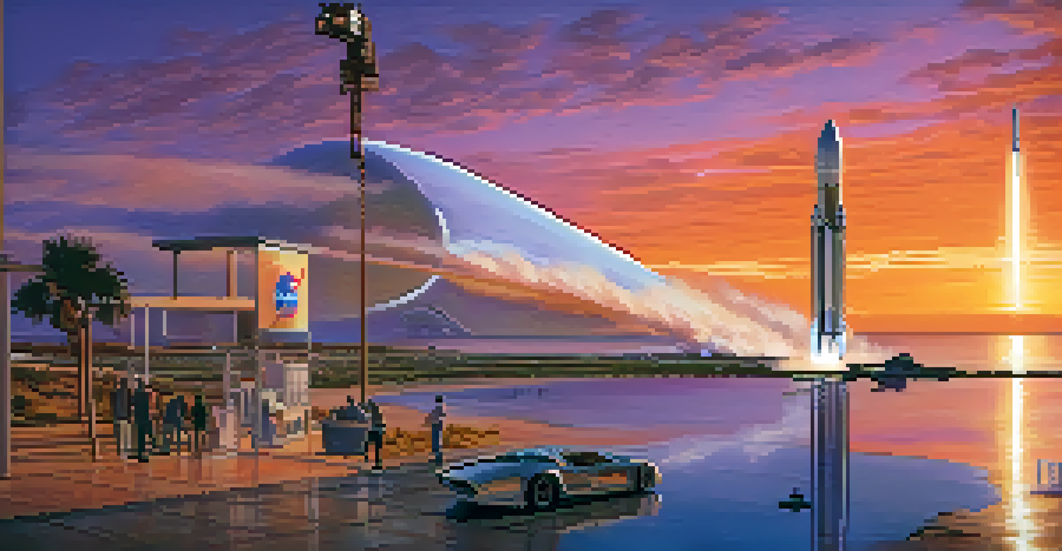 A futuristic scene of a rocket launch from a California coastal spaceport during sunset.