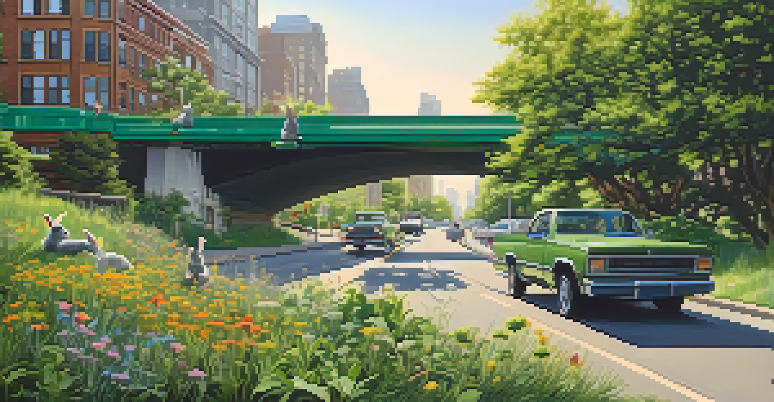 A green overpass wildlife corridor with rabbits and wildflowers in an urban setting, surrounded by buildings and trees.