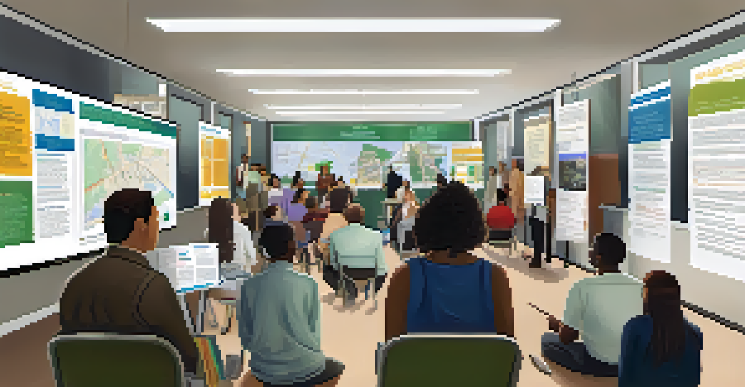 A community meeting with diverse advocates discussing public transit accessibility improvements, surrounded by informational posters and an engaging atmosphere.