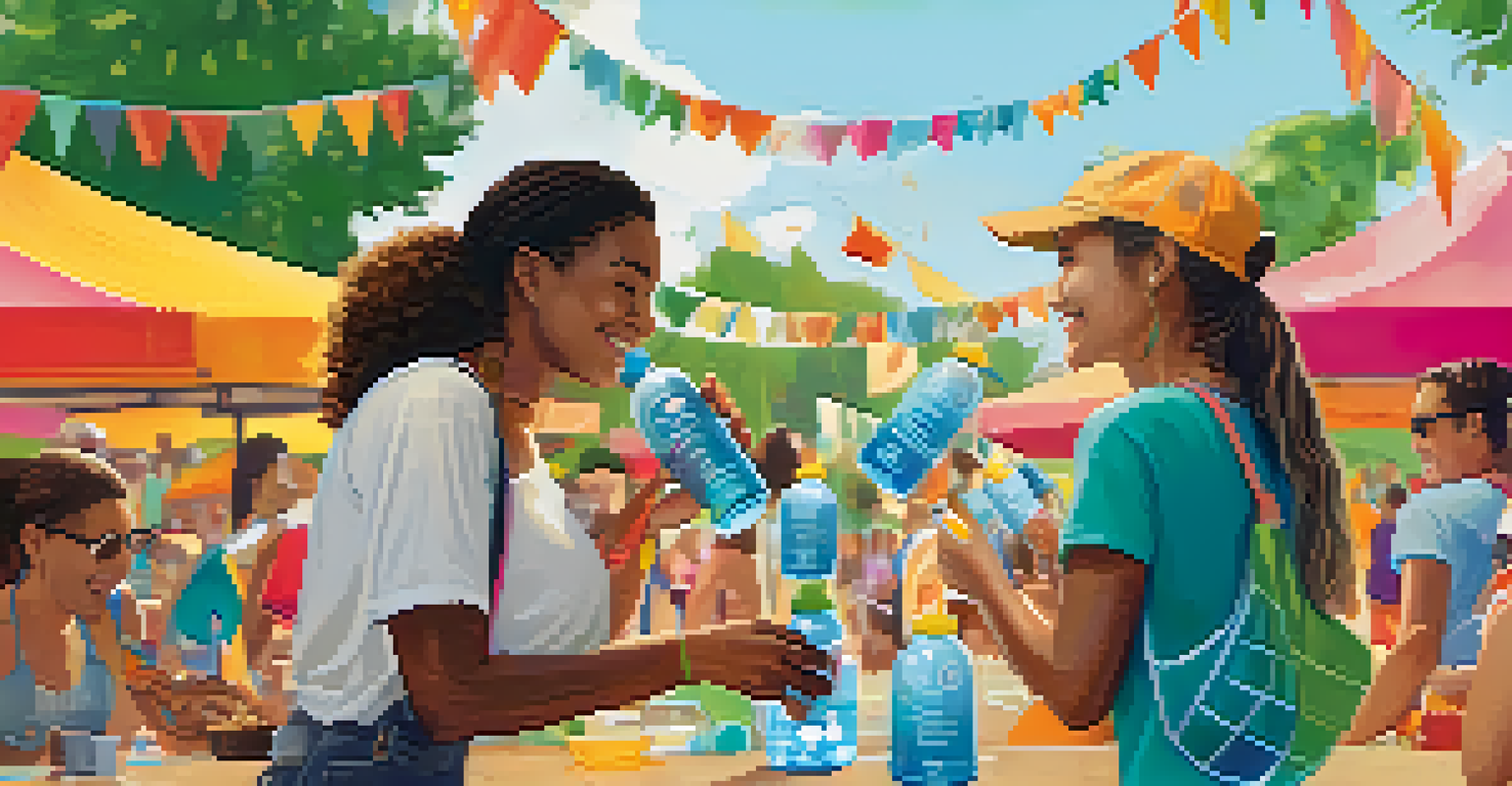 A close-up of a reusable water bottle at a refill station in a music festival, promoting sustainability.