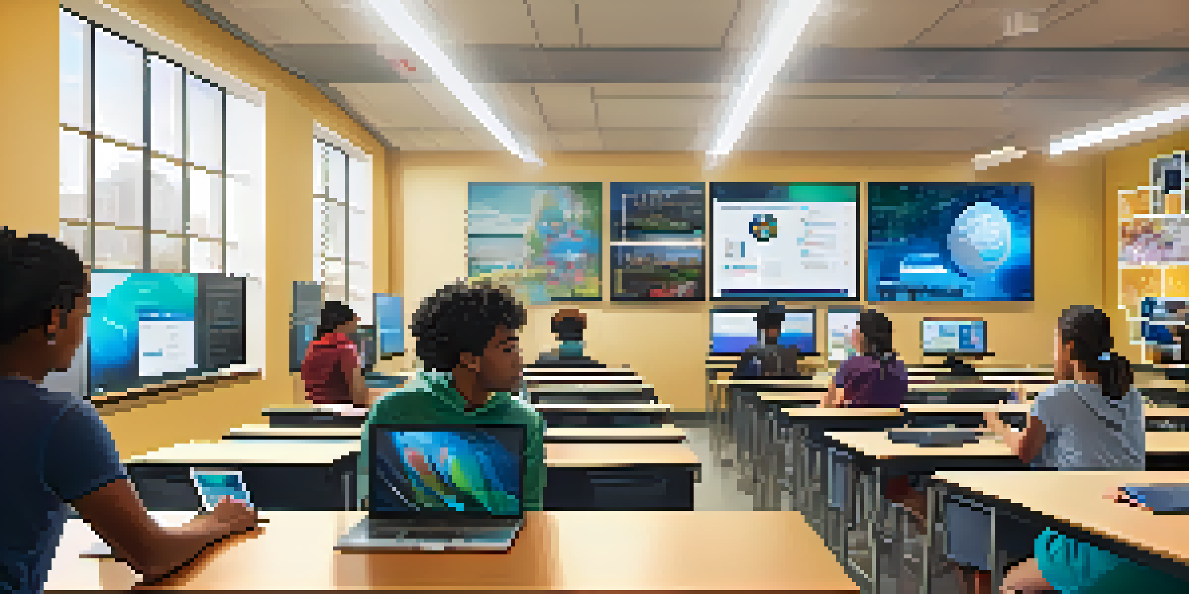 A modern classroom with diverse students collaborating on tech projects, bright and airy with digital screens.
