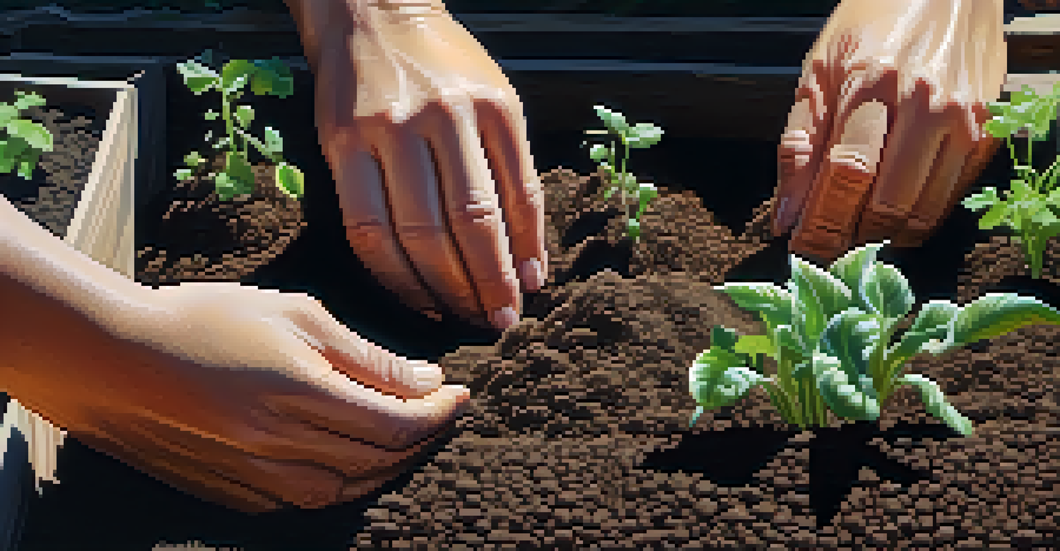 Close-up of hands planting seeds in soil, surrounded by sprouting plants in a community garden.