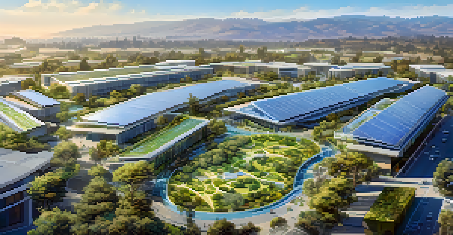 An aerial view of Silicon Valley, California, featuring modern tech campuses and greenery under a clear blue sky.