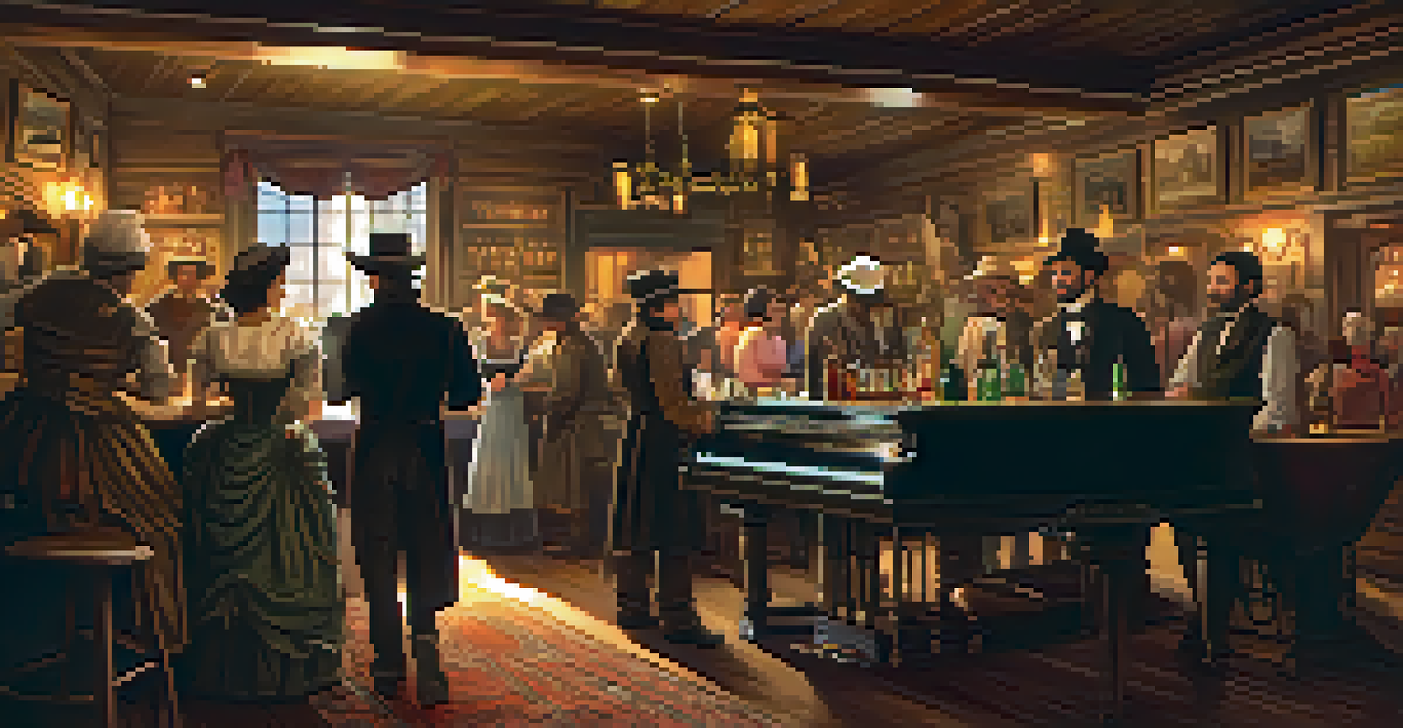 The interior of a Gold Rush saloon with people in period costumes, vintage furniture, and a piano, depicting a lively social atmosphere.