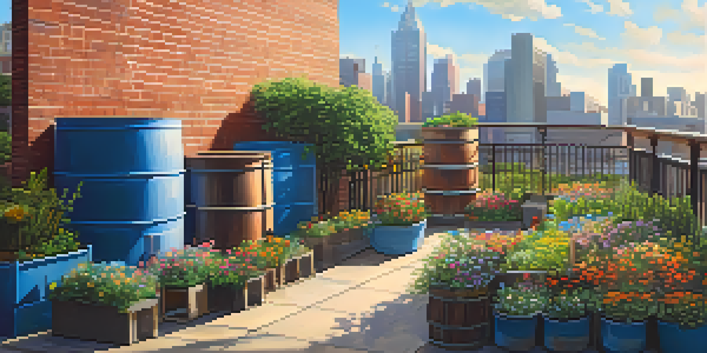 An urban rooftop garden featuring a rainwater harvesting system with barrels surrounded by flowers and greenery under a clear blue sky.