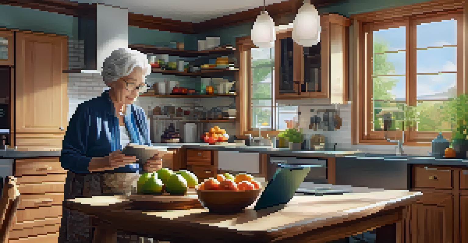 An elderly woman in a modern kitchen using a tablet for video chatting, surrounded by warm decor and a sunny garden view.