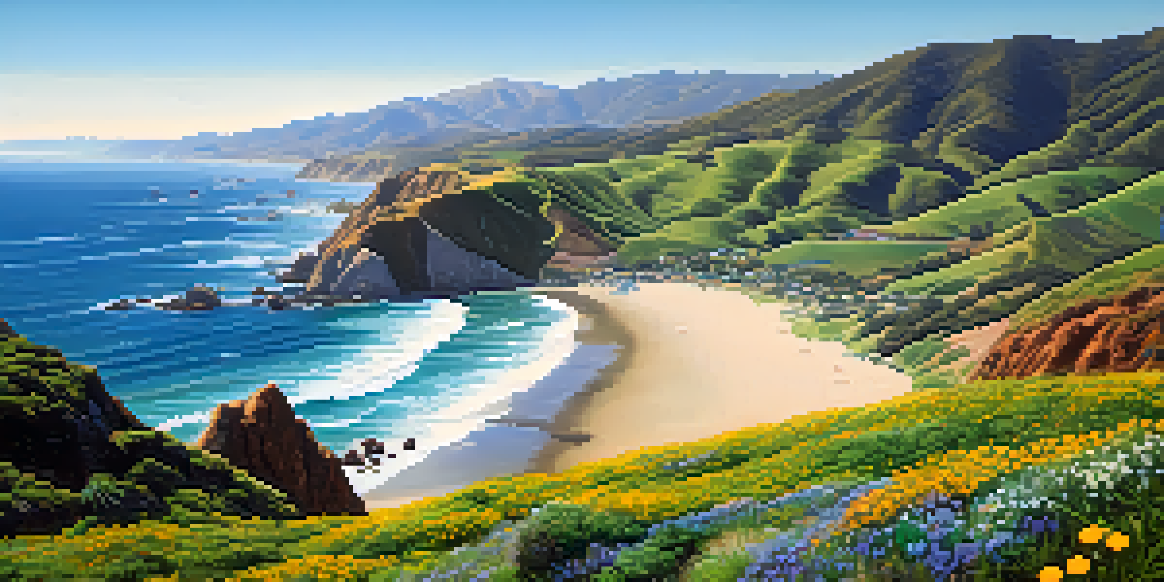 A panoramic view of California's coastline and mountains with a beach scene in the foreground.