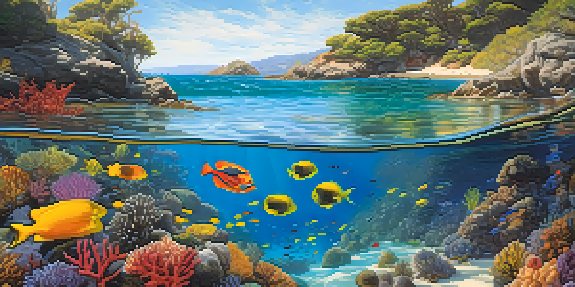 A colorful underwater scene depicting marine life in a California coastal ecosystem, with coral reefs and schools of fish under sunlight.