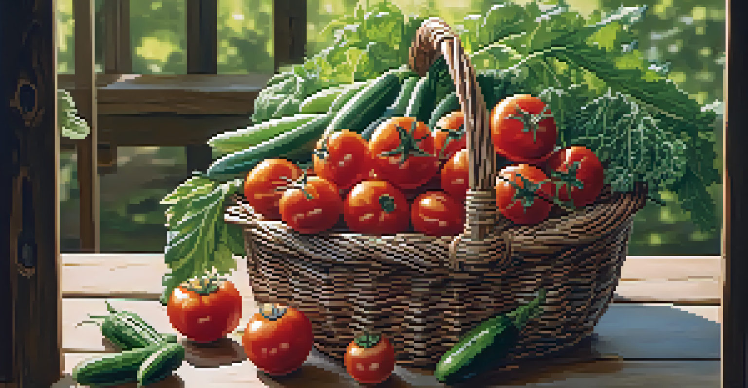 A close-up of a basket filled with fresh organic produce like tomatoes and cucumbers on a wooden table, surrounded by natural light.