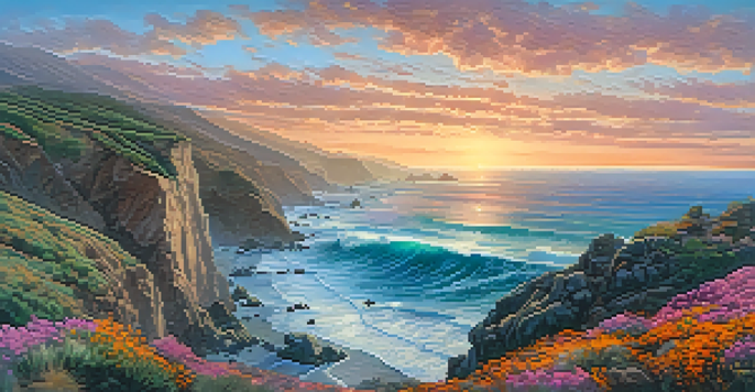 A scenic view of California's coastline with cliffs, wildflowers, and sea lions at sunset.