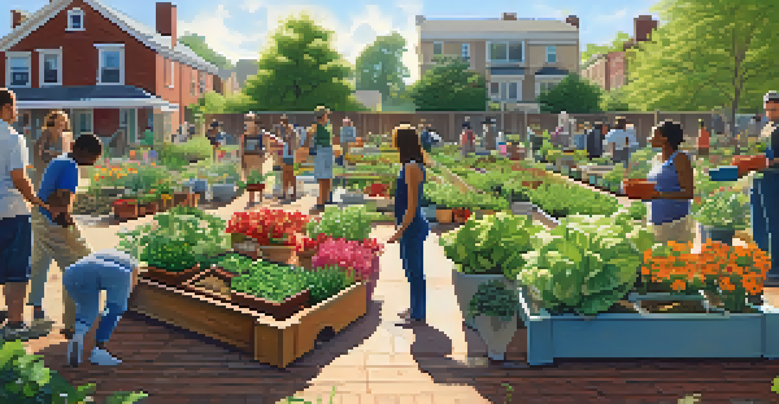 A diverse group of people working together in a community garden, planting vegetables and flowers under sunlight.