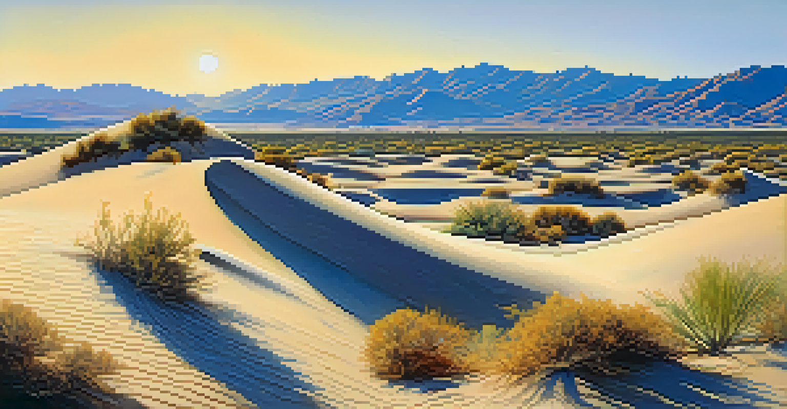 Golden sand dunes in the Mojave Desert under a bright blue sky.
