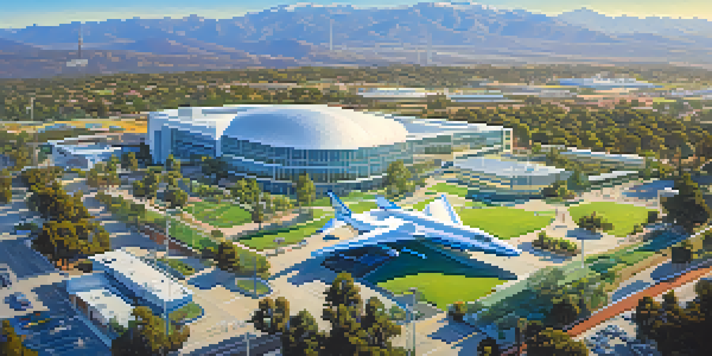Aerial view of a California aerospace campus with modern buildings and rockets, under a clear blue sky.