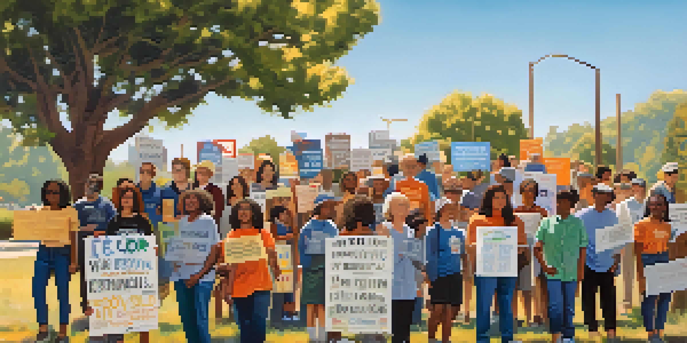 A diverse group of environmental activists at a rally in a California park, holding signs for environmental justice.