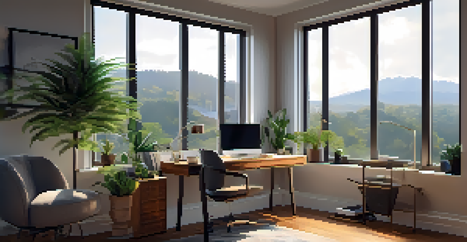A cozy home office setup with a laptop, plants, and a sunny view through the window.